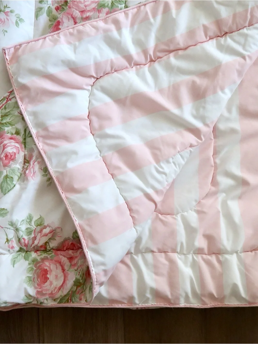 Vintage Laura Ashley Twin Comforter Pink Rose Floral Reversible Striped Cottage
